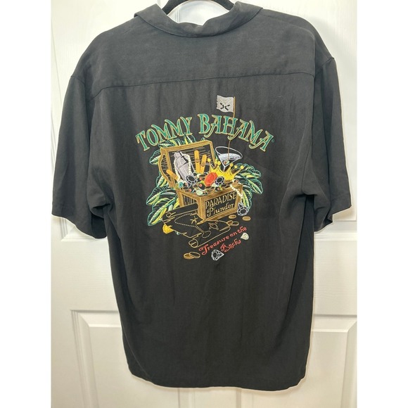 TOMMY BAHAMA Mens Hawaiian Logo‎ Silk Short Sleeve Button Down Shirt Medium - Picture 1 of 8